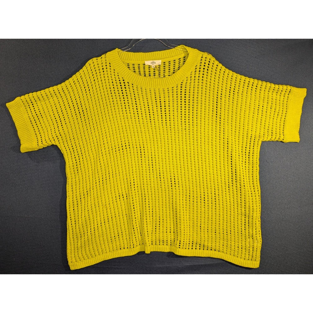 Entro Womens Yellow Lime Green Open Knit Short Sleeve Sweater Size Small